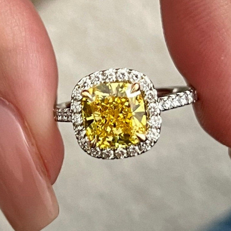2.55CT Cushion Fancy Intense Yellow Lab Grown Diamond Two Tone Halo Pave Engagement Ring