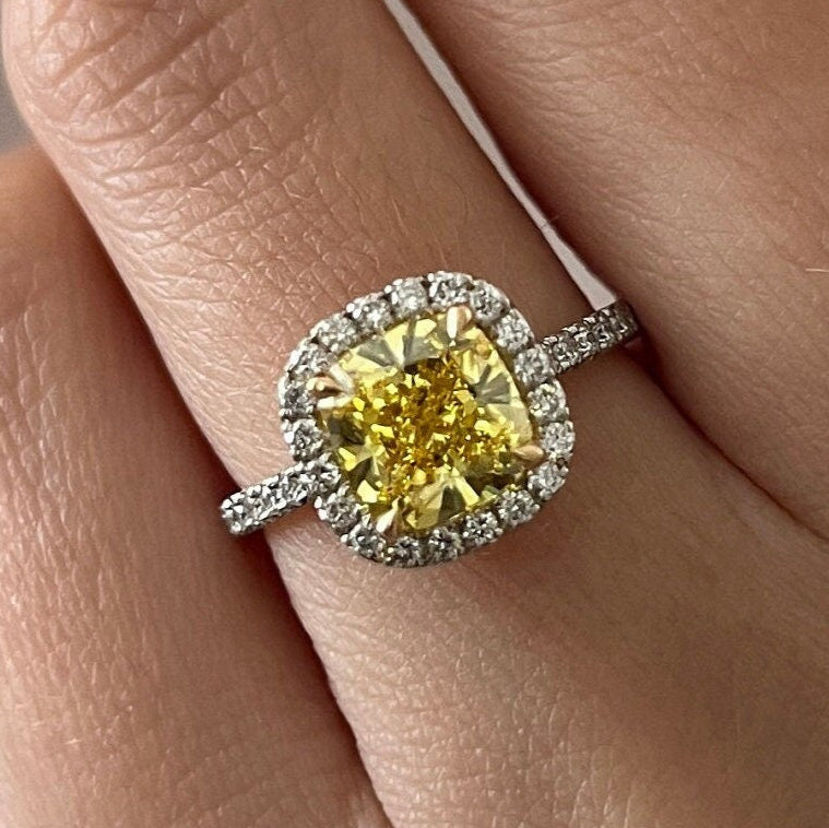 2.55CT Cushion Fancy Intense Yellow Lab Grown Diamond Two Tone Halo Pave Engagement Ring