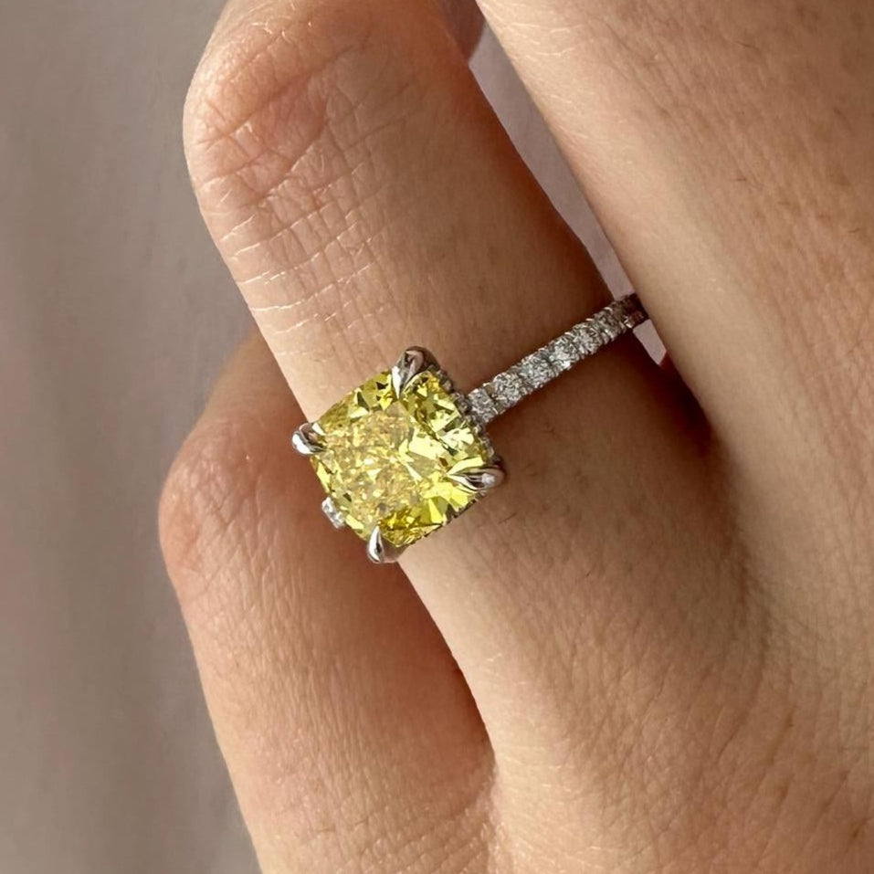 2.5CT Cushion Fancy Intense Yellow Lab Grown Diamond Pave Set Hidden Halo Engagement Ring