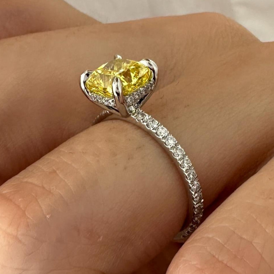 2.5CT Cushion Fancy Intense Yellow Lab Grown Diamond Pave Set Hidden Halo Engagement Ring