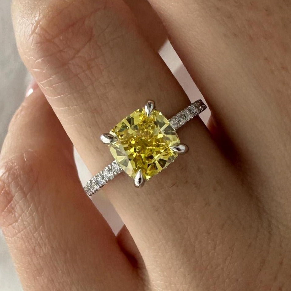 2.5CT Cushion Fancy Intense Yellow Lab Grown Diamond Pave Set Hidden Halo Engagement Ring