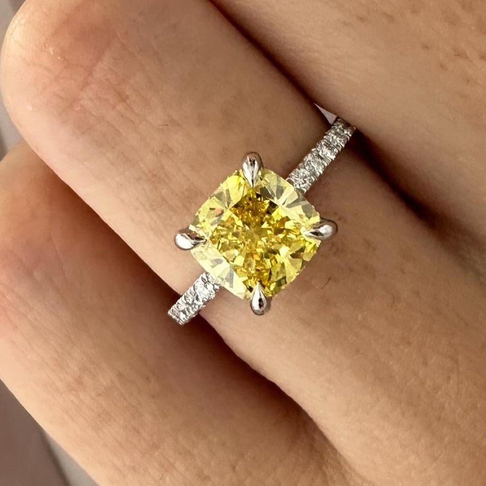 2.5CT Cushion Fancy Intense Yellow Lab Grown Diamond Pave Set Hidden Halo Engagement Ring