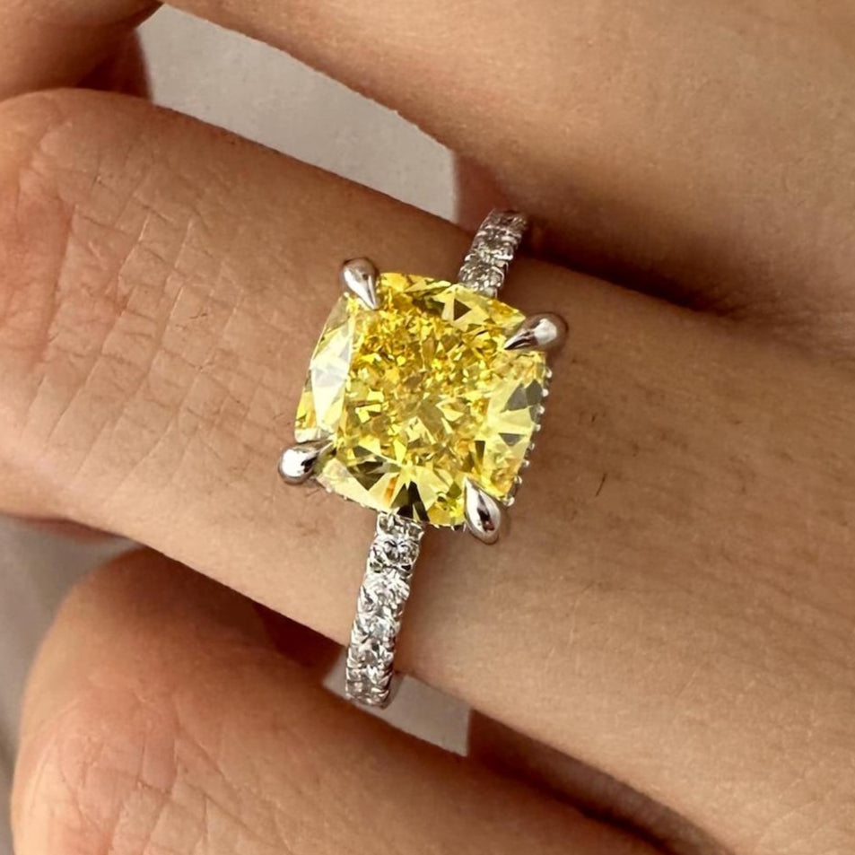 2.5CT Cushion Fancy Intense Yellow Lab Grown Diamond Pave Set Hidden Halo Engagement Ring