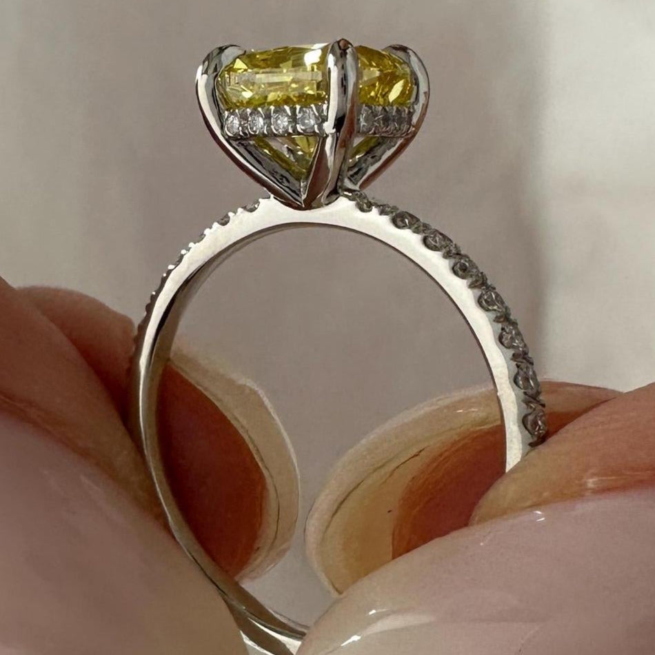 2.5CT Cushion Fancy Intense Yellow Lab Grown Diamond Pave Set Hidden Halo Engagement Ring