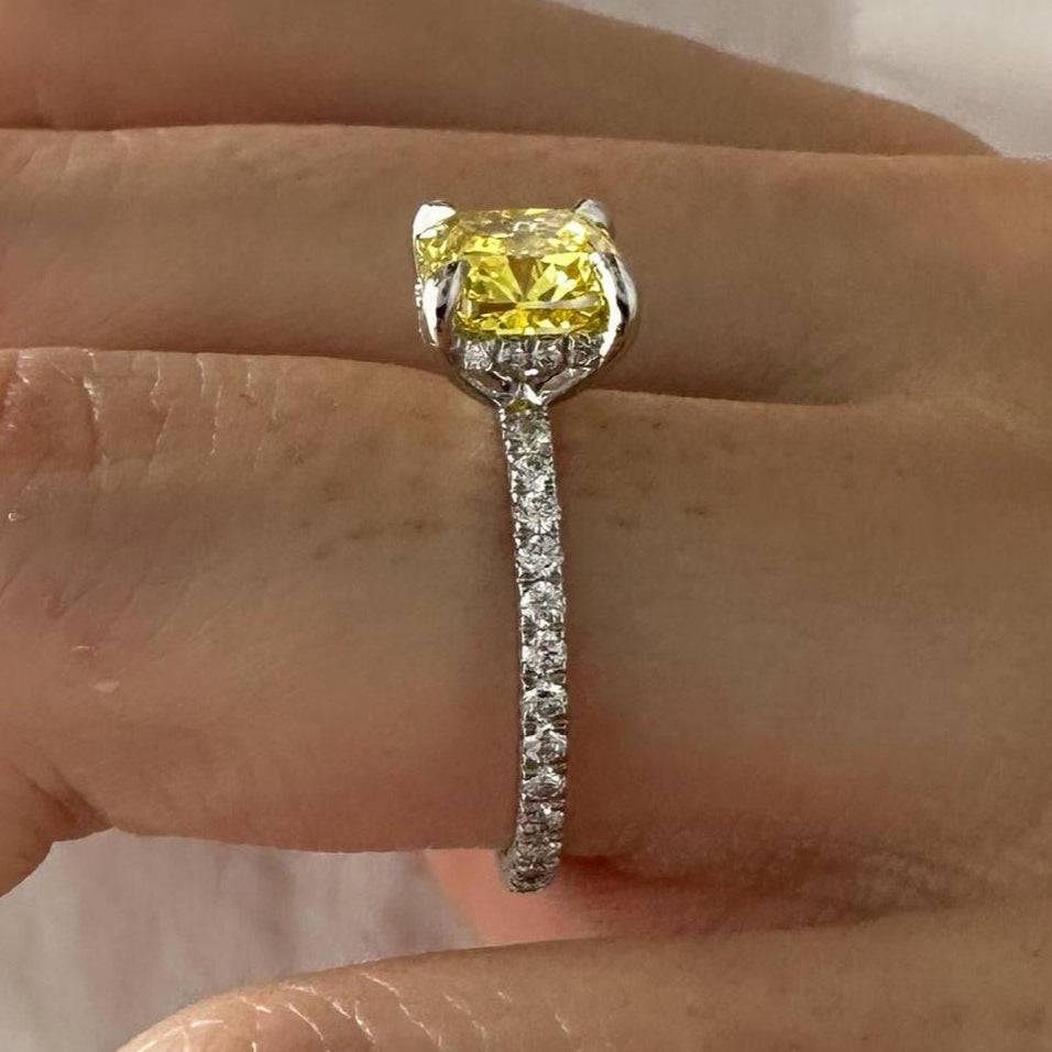 2.5CT Cushion Fancy Intense Yellow Lab Grown Diamond Pave Set Hidden Halo Engagement Ring