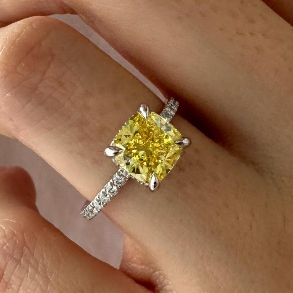 2.5CT Cushion Fancy Intense Yellow Lab Grown Diamond Pave Set Hidden Halo Engagement Ring