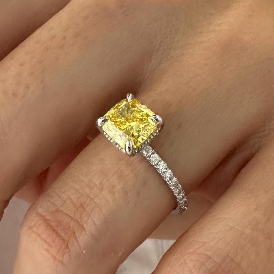 2.5CT Cushion Fancy Intense Yellow Lab Grown Diamond Pave Set Hidden Halo Engagement Ring