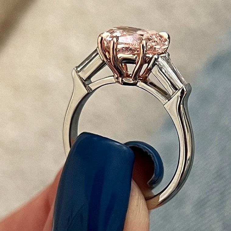 2.70 Carat Pear Cut Fancy Intense Pink Lab Grown Diamond Three Stone Ring
