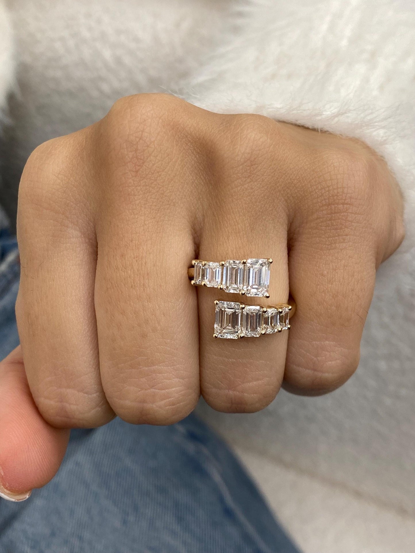 2.93 Ct Emerald Cut Moissanite Diamond Prong Set Bypass Elegant Wrap Ring
