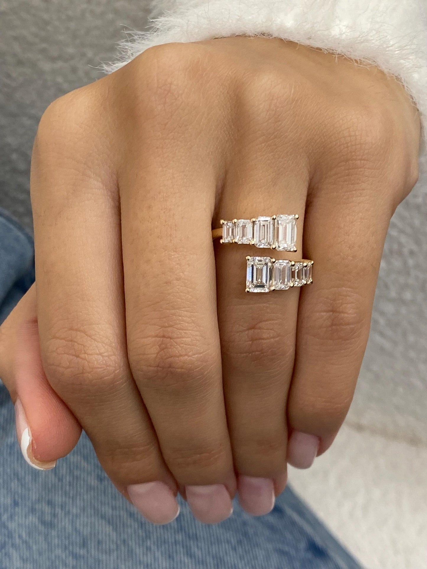 2.93 Ct Emerald Cut Moissanite Diamond Prong Set Bypass Elegant Wrap Ring
