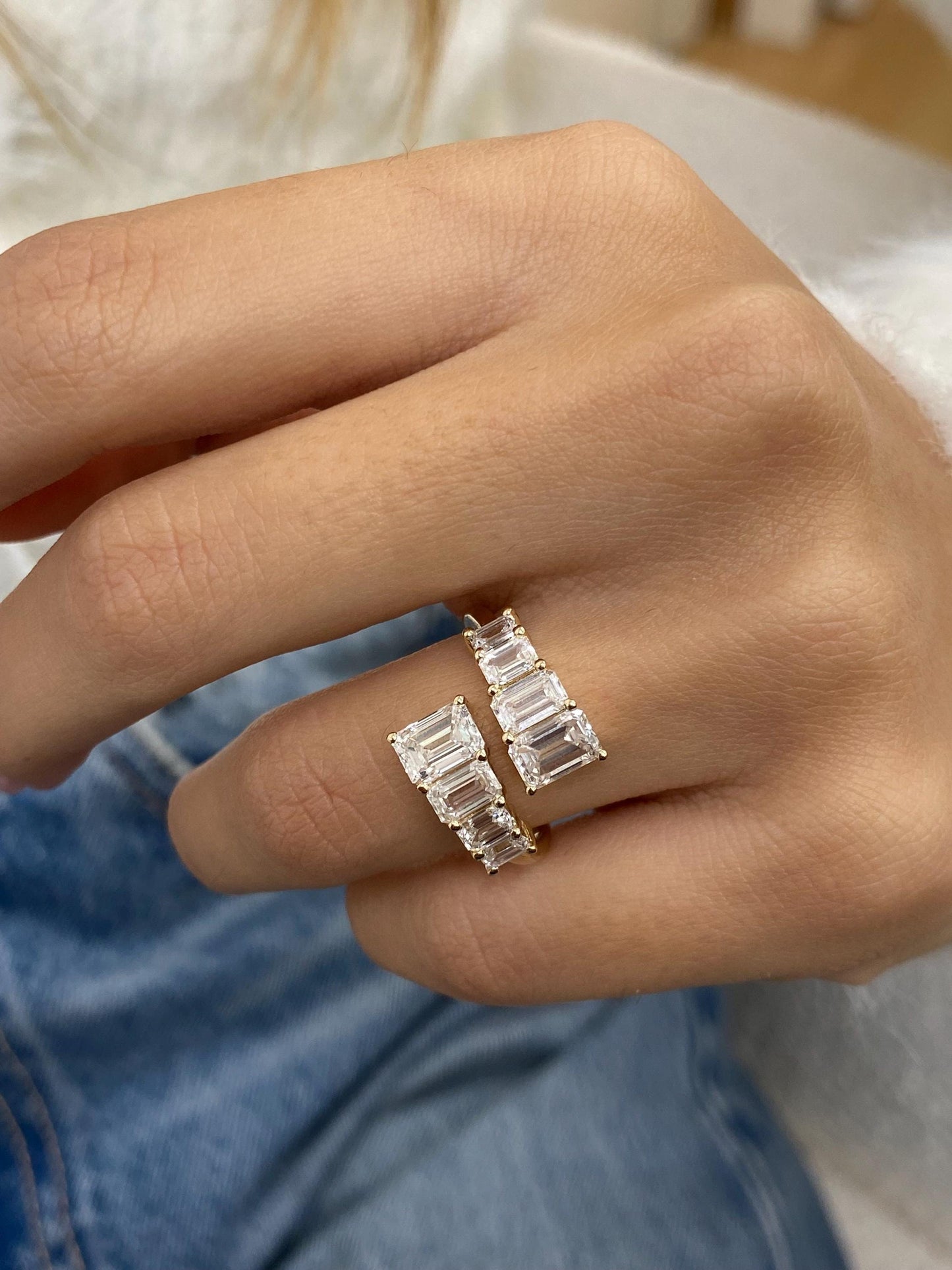 2.93 Ct Emerald Cut Moissanite Diamond Prong Set Bypass Elegant Wrap Ring