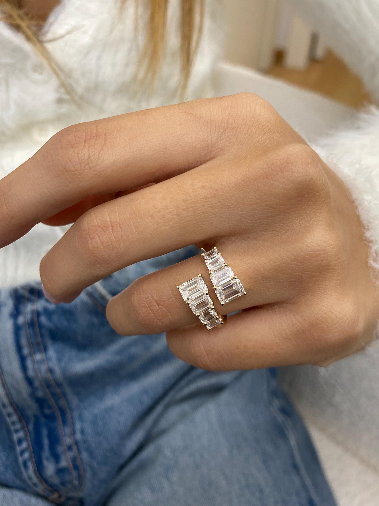 2.93 Ct Emerald Cut Moissanite Diamond Prong Set Bypass Elegant Wrap Ring