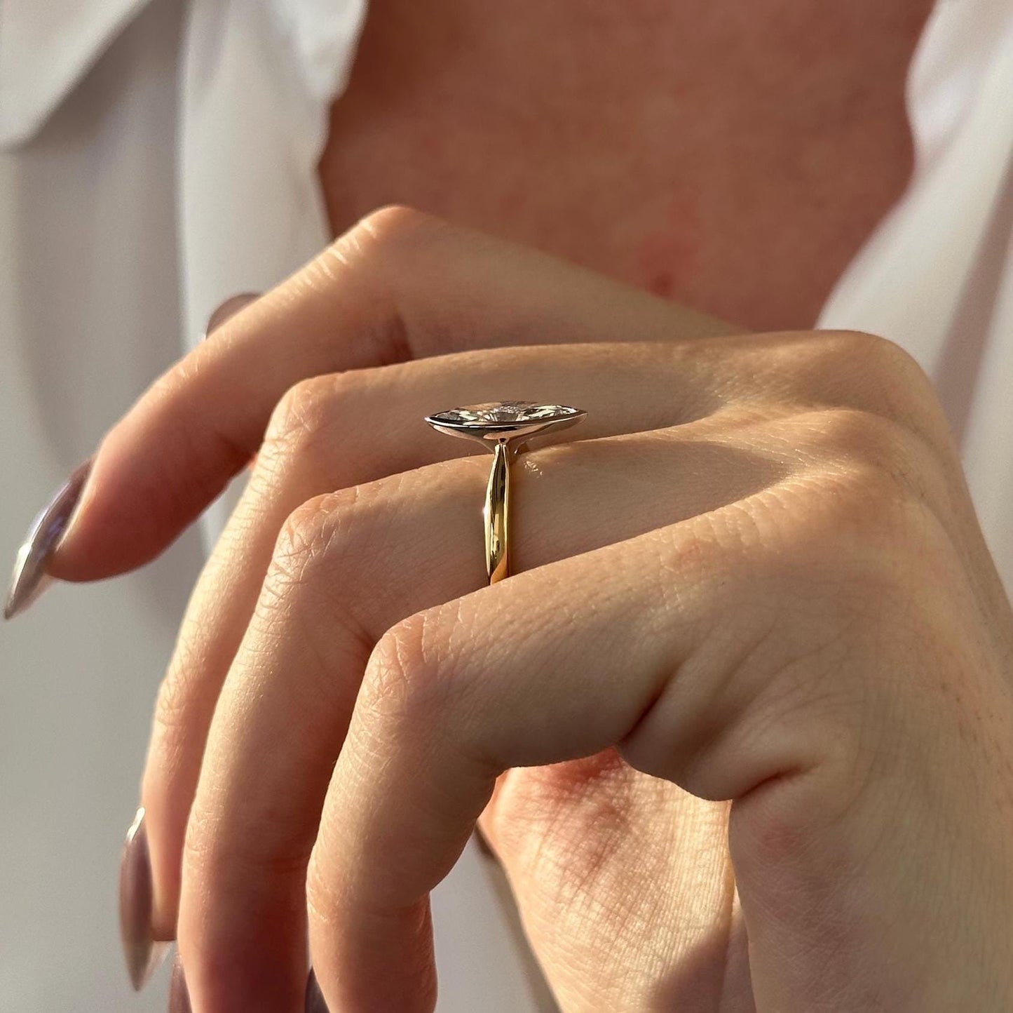 2 Carat Marquise Moissanite Diamond Two Tone Solitaire Bezel Set Tapered Engagement Ring