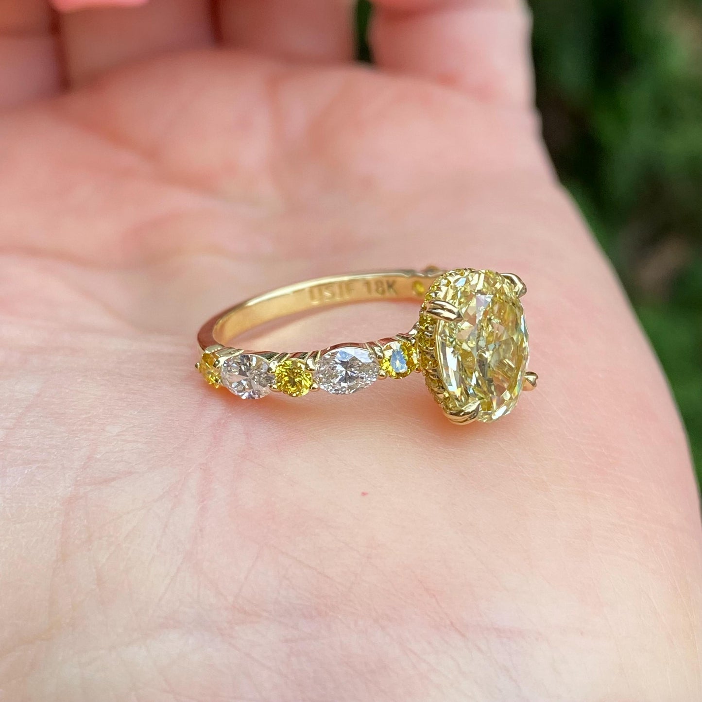 3.20TCW Oval Cut Intense Yellow Lab Grown Diamond Alternating Design Engagement Ring