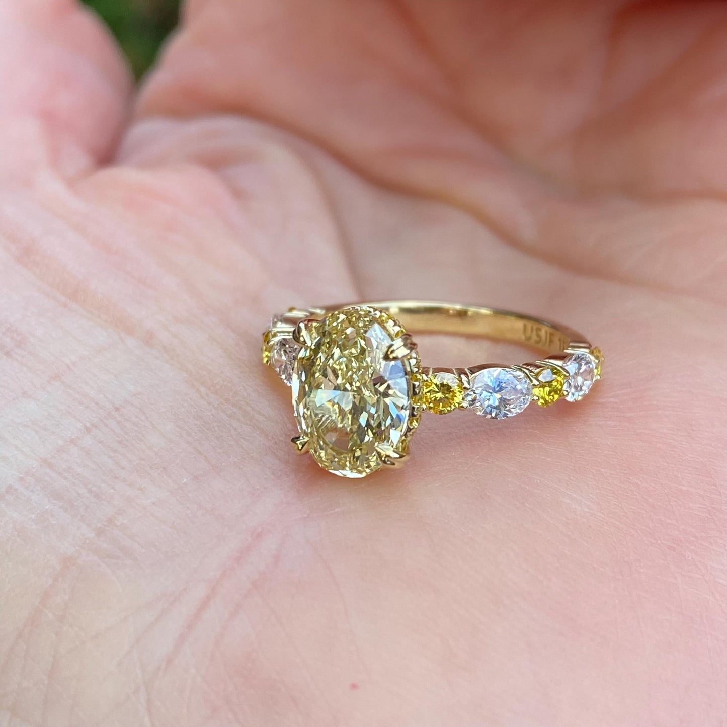 3.20TCW Oval Cut Intense Yellow Lab Grown Diamond Alternating Design Engagement Ring