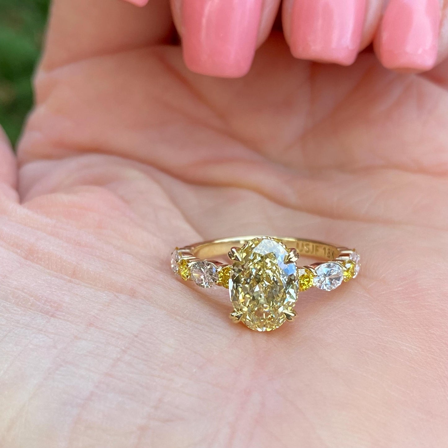 3.20TCW Oval Cut Intense Yellow Lab Grown Diamond Alternating Design Engagement Ring