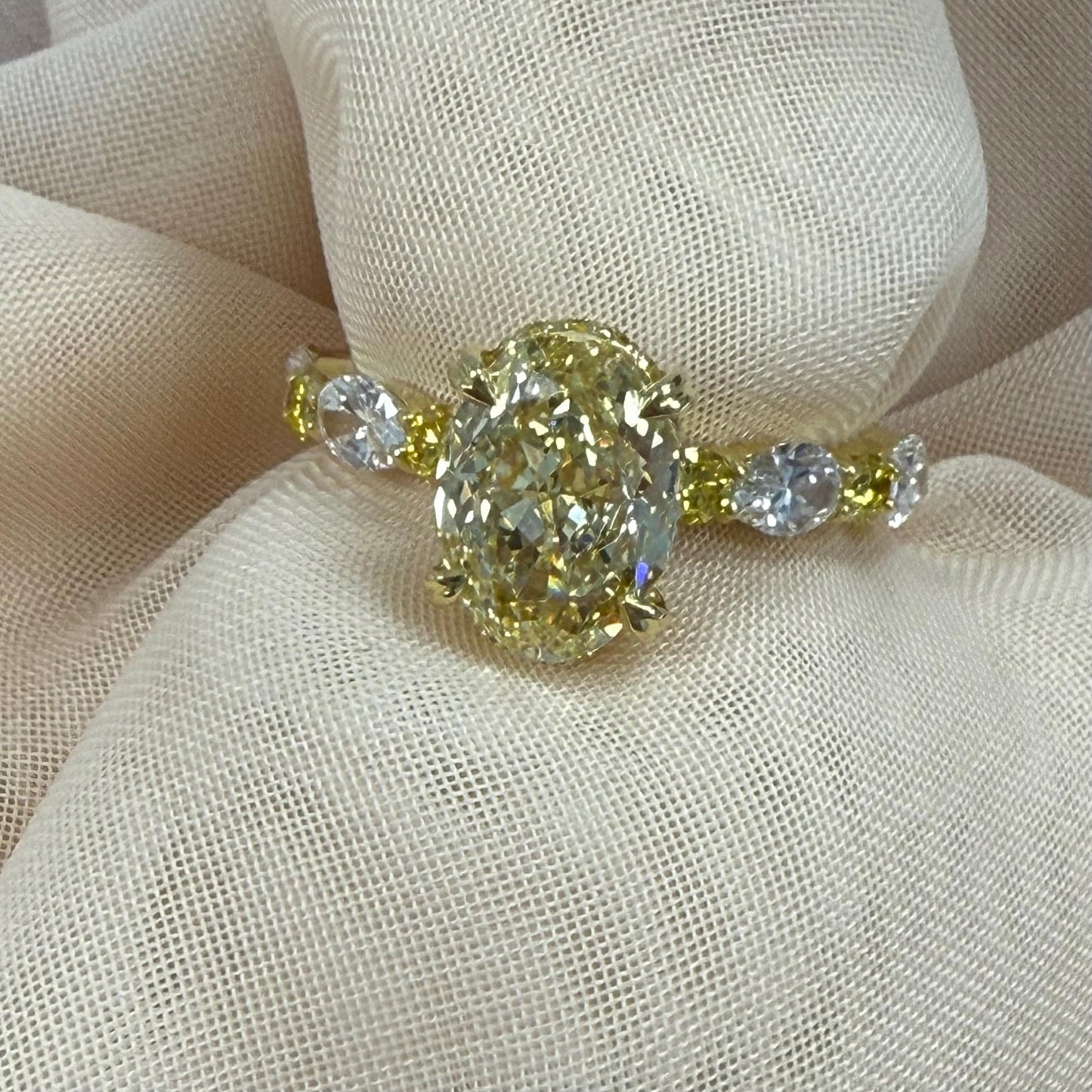 3.20TCW Oval Cut Intense Yellow Lab Grown Diamond Alternating Design Engagement Ring