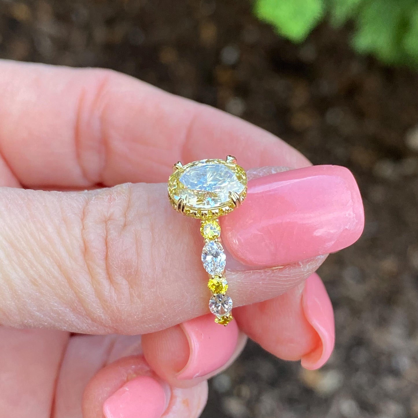 3.20TCW Oval Cut Intense Yellow Lab Grown Diamond Alternating Design Engagement Ring