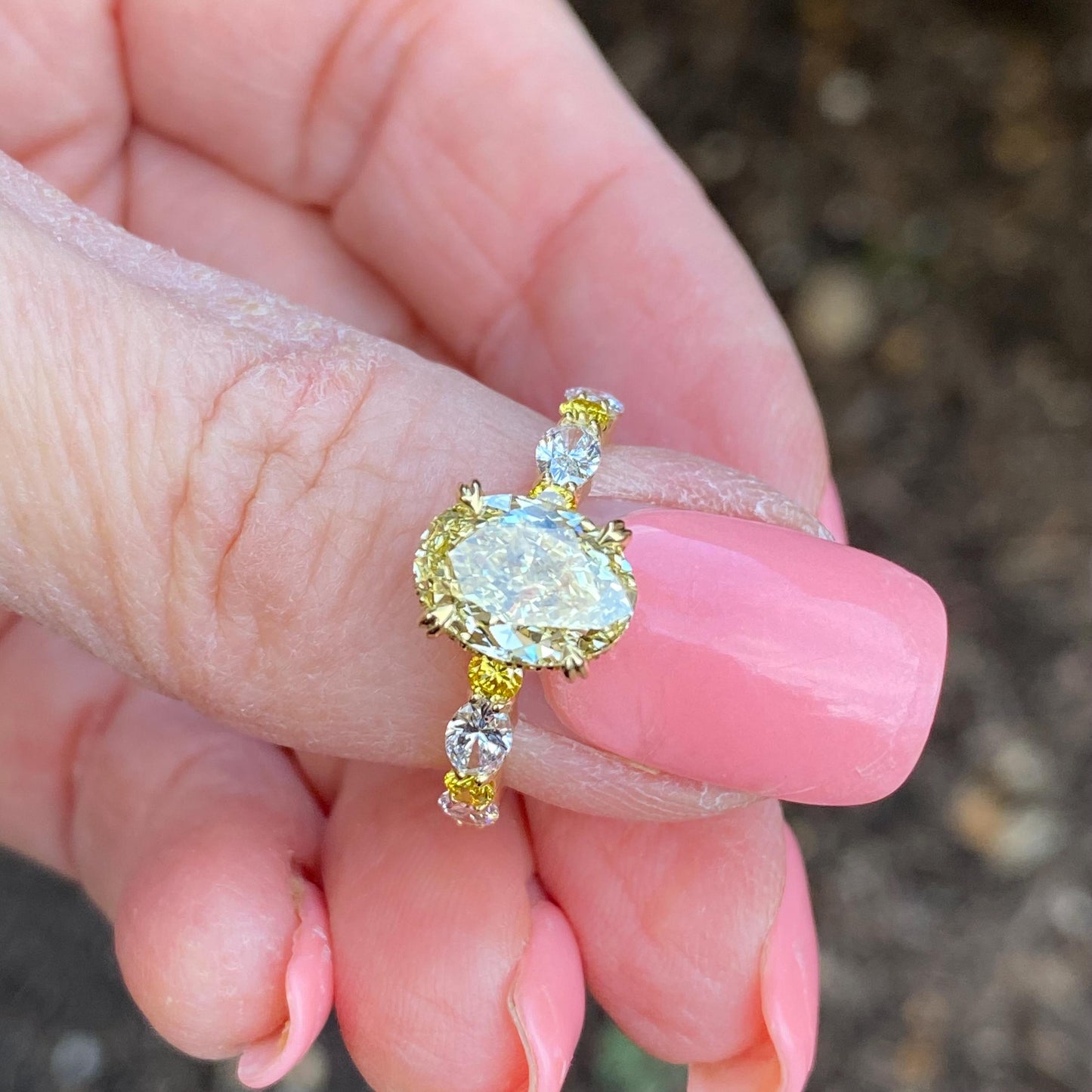3.20TCW Oval Cut Intense Yellow Lab Grown Diamond Alternating Design Engagement Ring