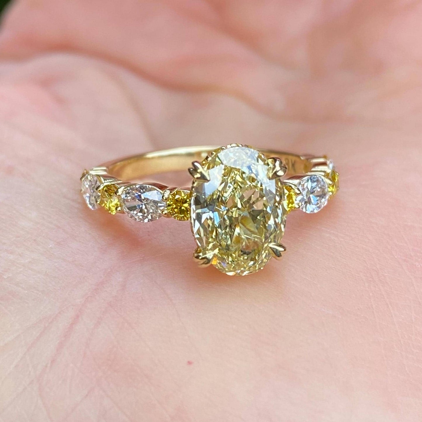 3.20TCW Oval Cut Intense Yellow Lab Grown Diamond Alternating Design Engagement Ring