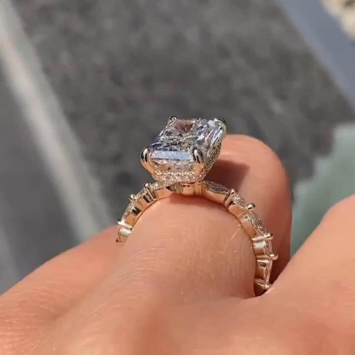 3.45CT Radiant Cut Hidden Halo With Marquise Moissanite Diamond Engagement Ring