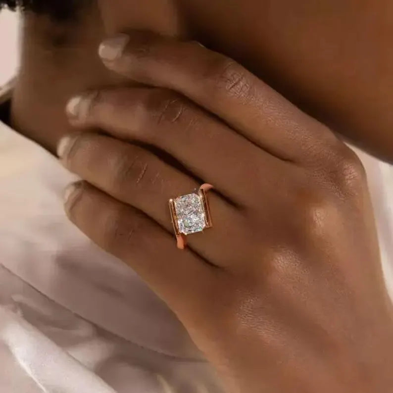 3.50 CT Solitaire Radiant Cut Lab Grown Diamond Ring Modern Bar-Set Engagement Ring 14K Gold Statement Ring Unique Wedding Bridal Jewelry