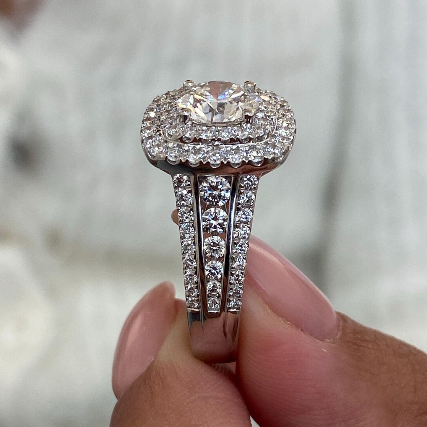 3.5 Ct Round Cut Moissanite Diamond Elegant Cathedral Double Halo Engagement Ring