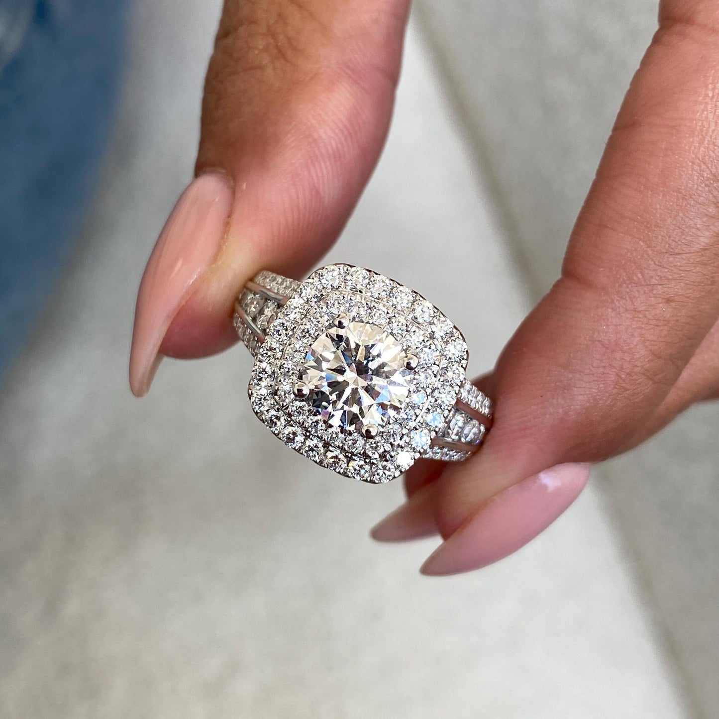 3.5 Ct Round Cut Moissanite Diamond Elegant Cathedral Double Halo Engagement Ring