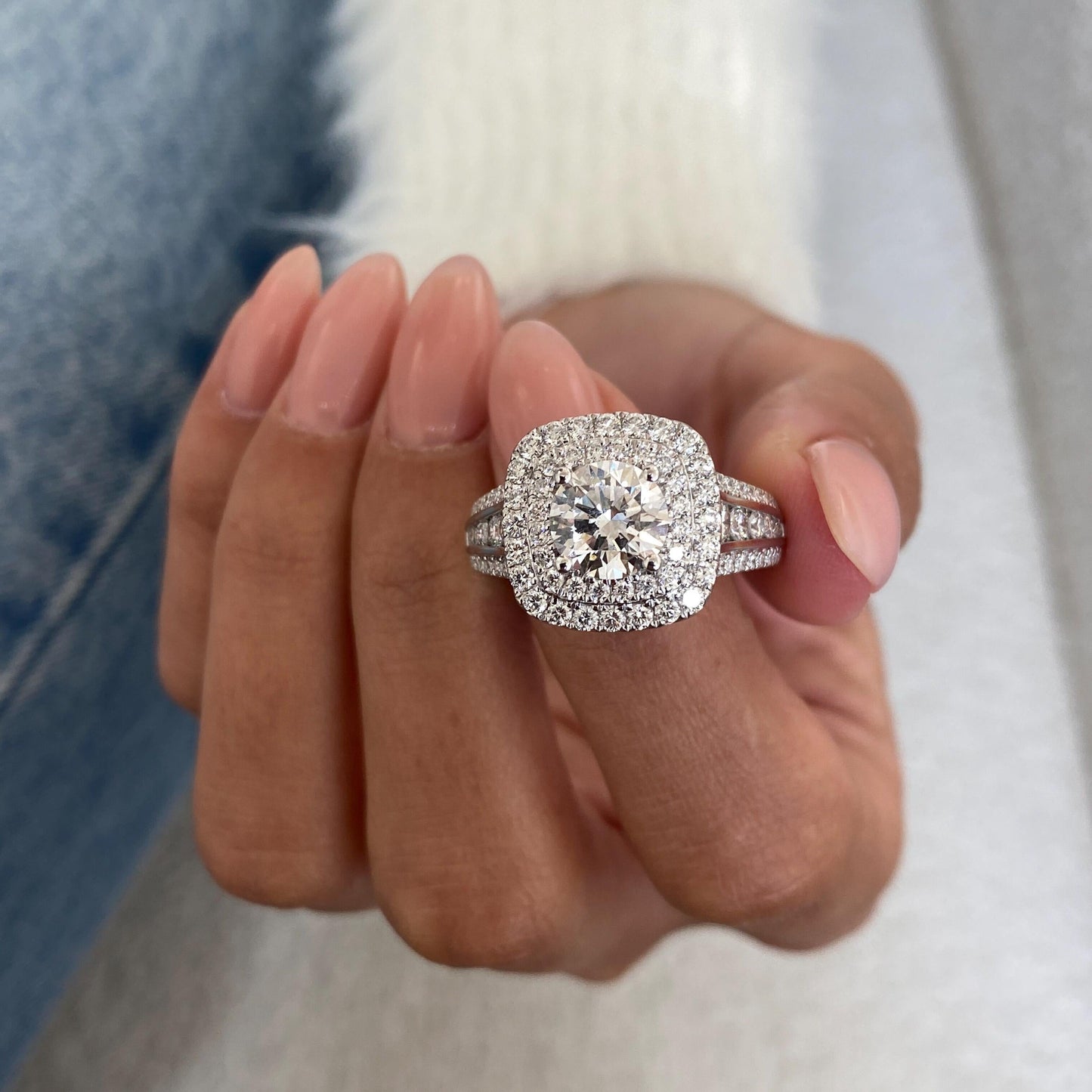 3.5 Ct Round Cut Moissanite Diamond Elegant Cathedral Double Halo Engagement Ring