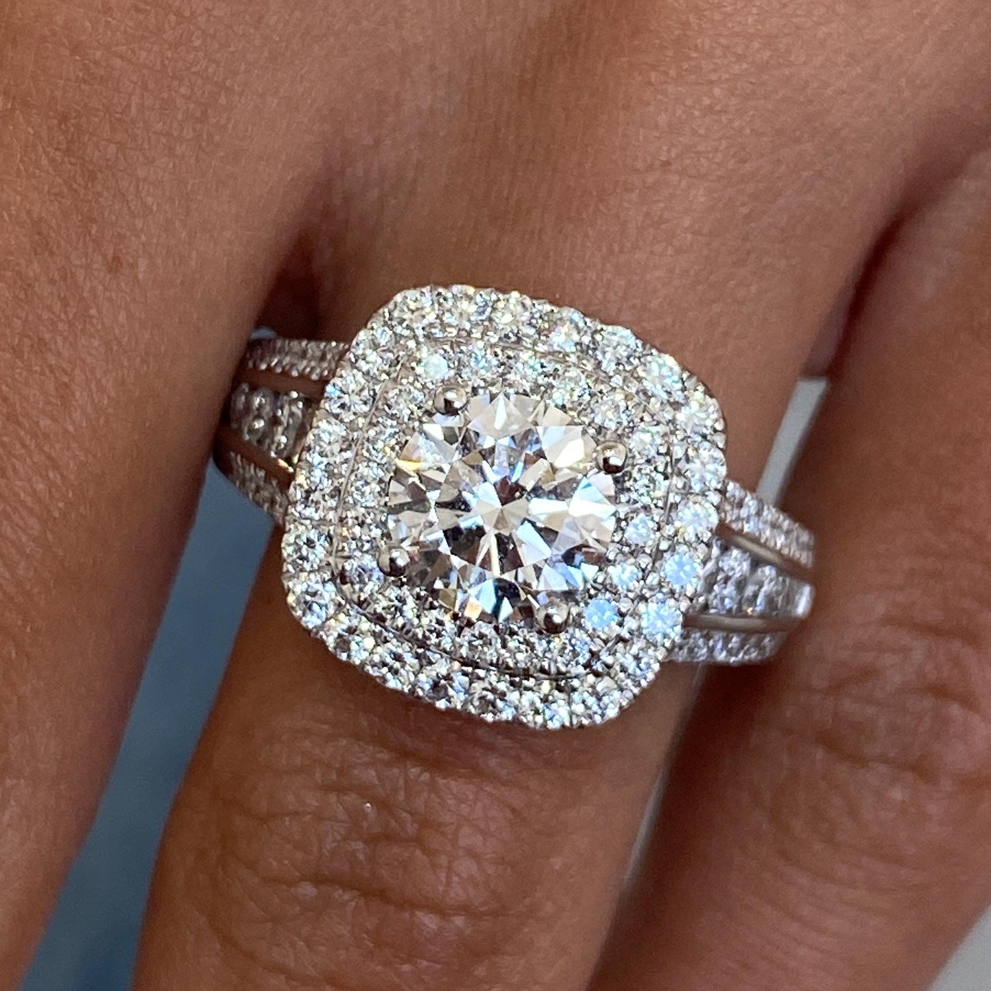 3.5 Ct Round Cut Moissanite Diamond Elegant Cathedral Double Halo Engagement Ring