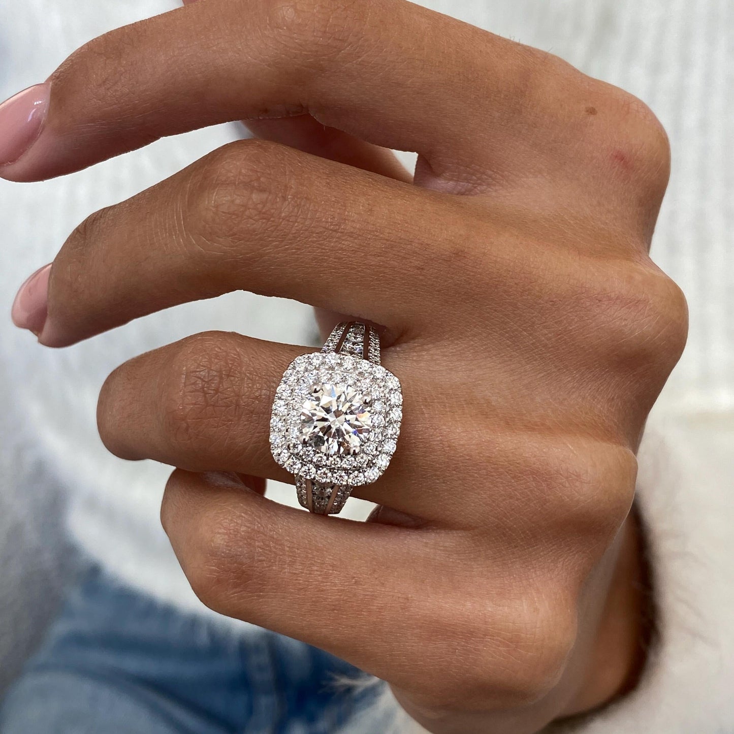 3.5 Ct Round Cut Moissanite Diamond Elegant Cathedral Double Halo Engagement Ring