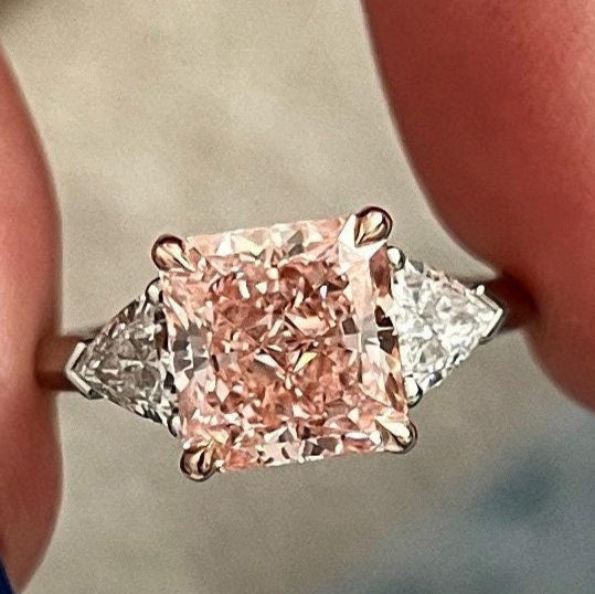 3.6 CT Square Radiant Fancy Intense Pink Lab Grown Diamond Side Trillions Three Stone Ring