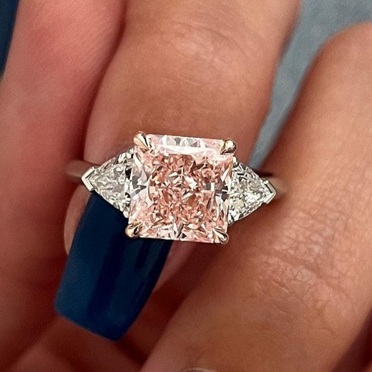 3.6 CT Square Radiant Fancy Intense Pink Lab Grown Diamond Side Trillions Three Stone Ring