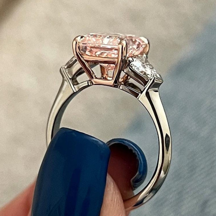 3.6 CT Square Radiant Fancy Intense Pink Lab Grown Diamond Side Trillions Three Stone Ring
