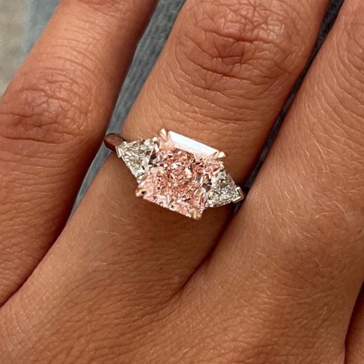 3.6 CT Square Radiant Fancy Intense Pink Lab Grown Diamond Side Trillions Three Stone Ring