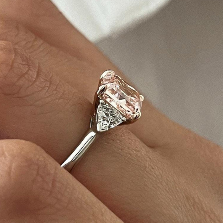 3.6 CT Square Radiant Fancy Intense Pink Lab Grown Diamond Side Trillions Three Stone Ring
