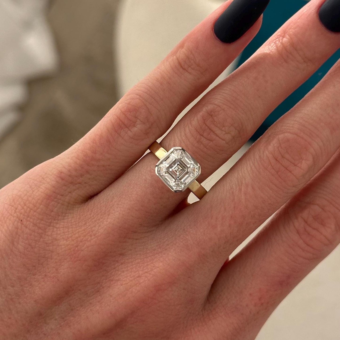 3CT Asscher Cut Moissanite Solitaire Cigar Band  Two Tone Flush Fit Engagement Ring