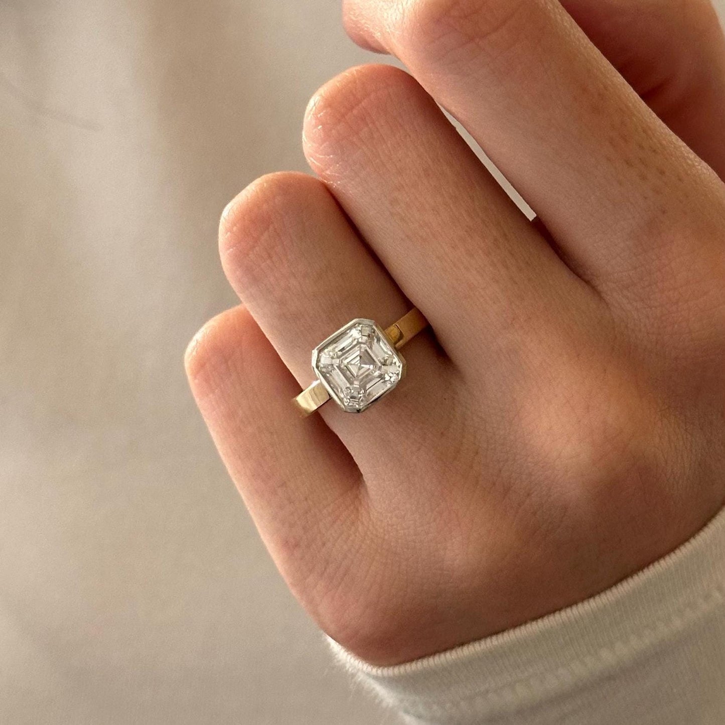 3CT Asscher Cut Moissanite Solitaire Cigar Band Two Tone Flush Fit Engagement Ring