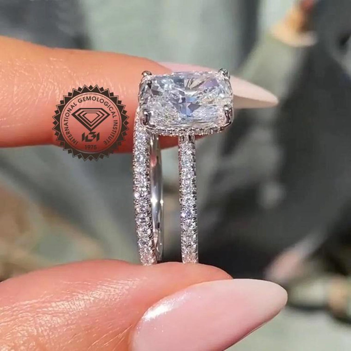 3.43CT Elongated Cushion Cut Moissanite Diamond Hidden Halo Engagement Ring