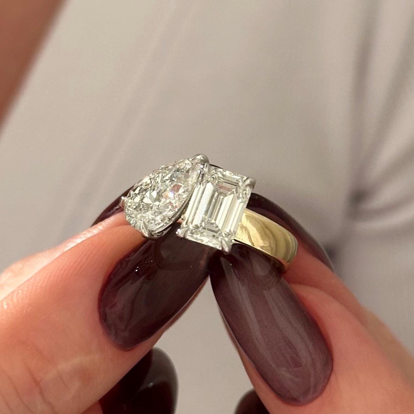 3CT Emerald and Pear Cut Toi et Moi Moissanite Diamond Cigar Band Unique Engagement Ring