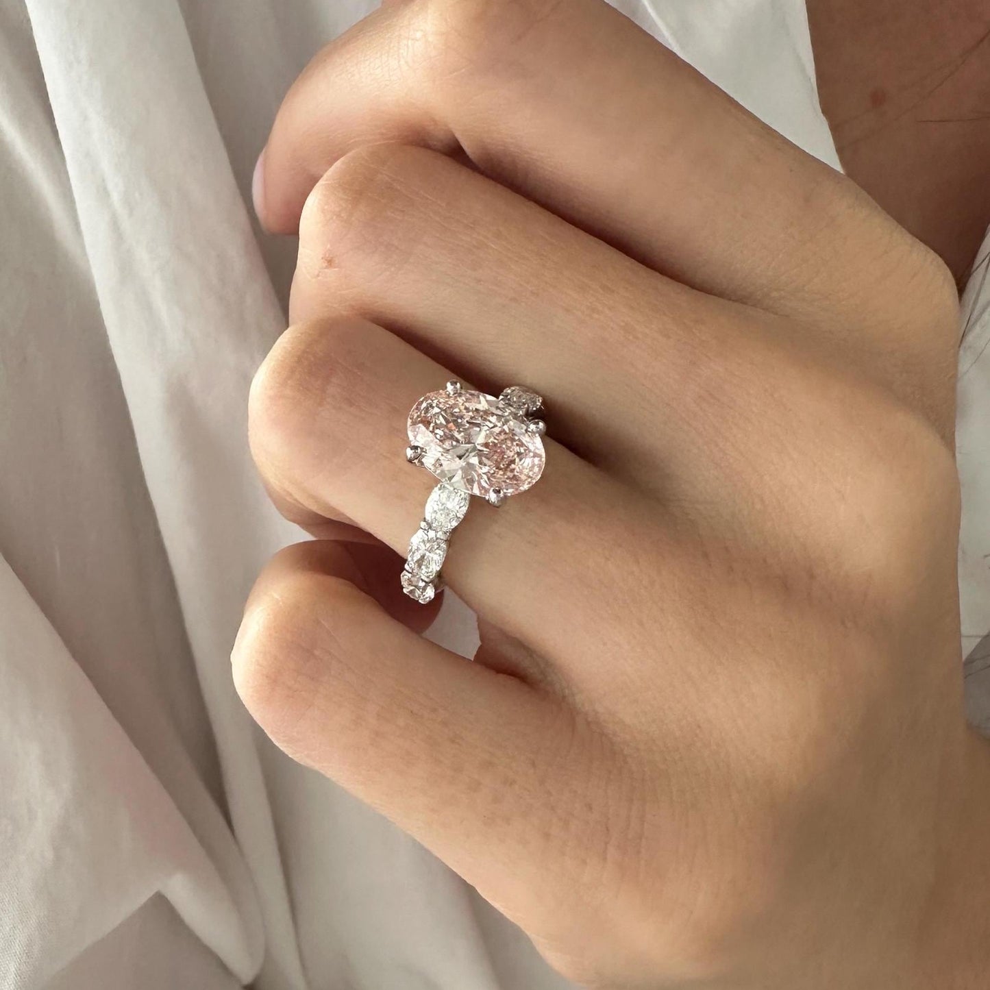 3CT Oval Fancy Intense Pink side six oval 1.2ct Lab Grown Diamond Engagement Ring