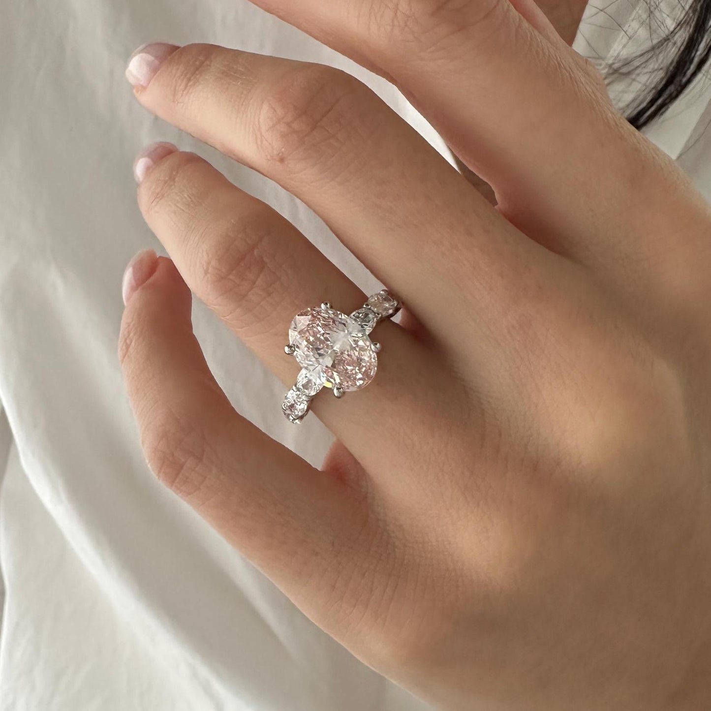 3CT Oval Fancy Intense Pink side six oval 1.2ct Lab Grown Diamond Engagement Ring