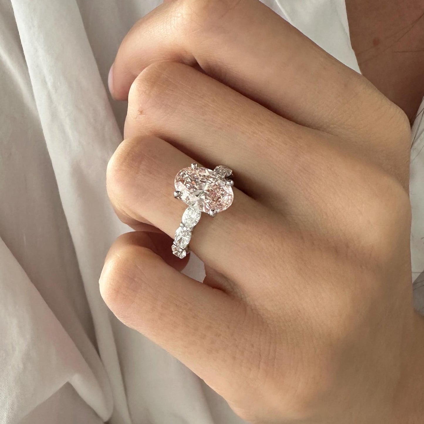 3CT Oval Fancy Intense Pink side six oval 1.2ct Lab Grown Diamond Engagement Ring