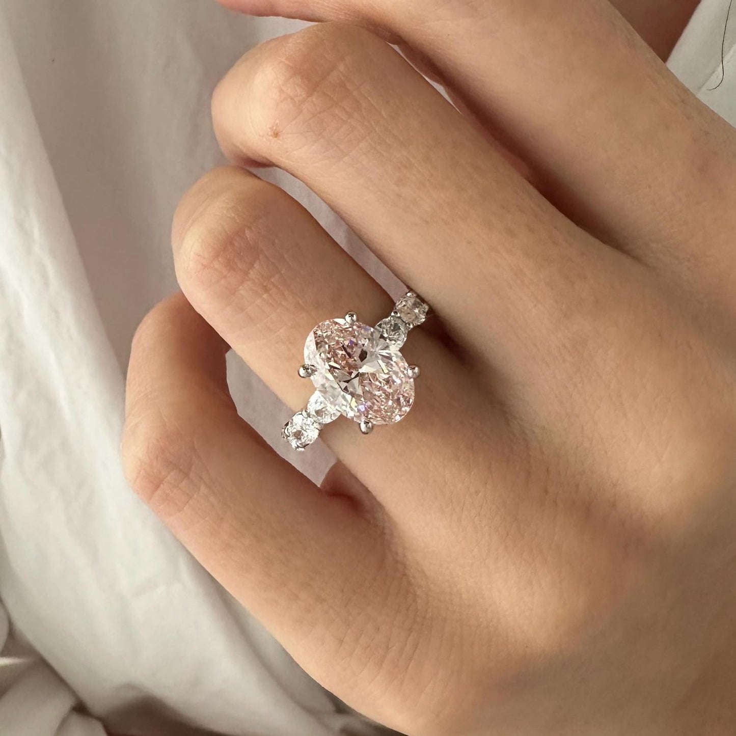 3CT Oval Fancy Intense Pink side six oval 1.2ct Lab Grown Diamond Engagement Ring