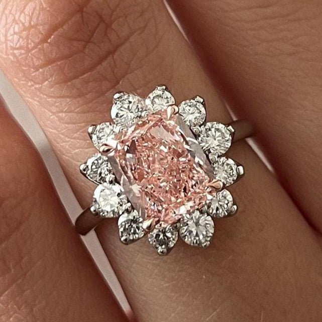 3CT Elongated Cushion Fancy Intense Pink Lab Grown Diamond Floral Engagement Ring