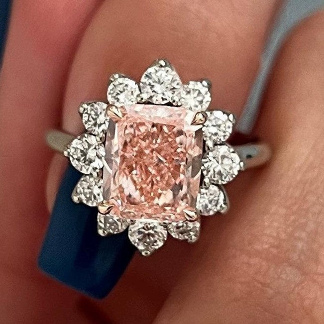 3CT Elongated Cushion Fancy Intense Pink Lab Grown Diamond Floral Engagement Ring