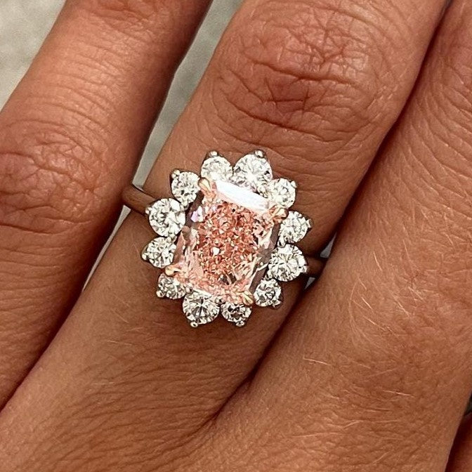 3CT Elongated Cushion Fancy Intense Pink Lab Grown Diamond Floral Engagement Ring