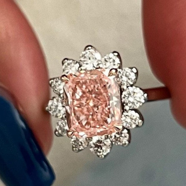3CT Elongated Cushion Fancy Intense Pink Lab Grown Diamond Floral Engagement Ring