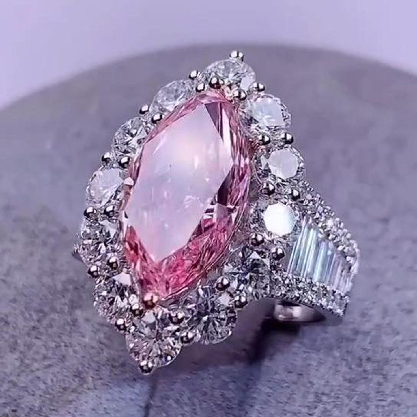 4.03TCW Marquise Cut Intense Pink Lab Grown Diamond Halo Pave Engagement Ring