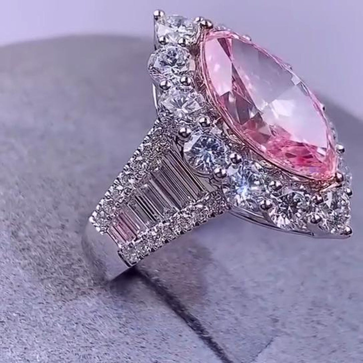 4.03TCW Marquise Cut Intense Pink Lab Grown Diamond Halo Pave Engagement Ring